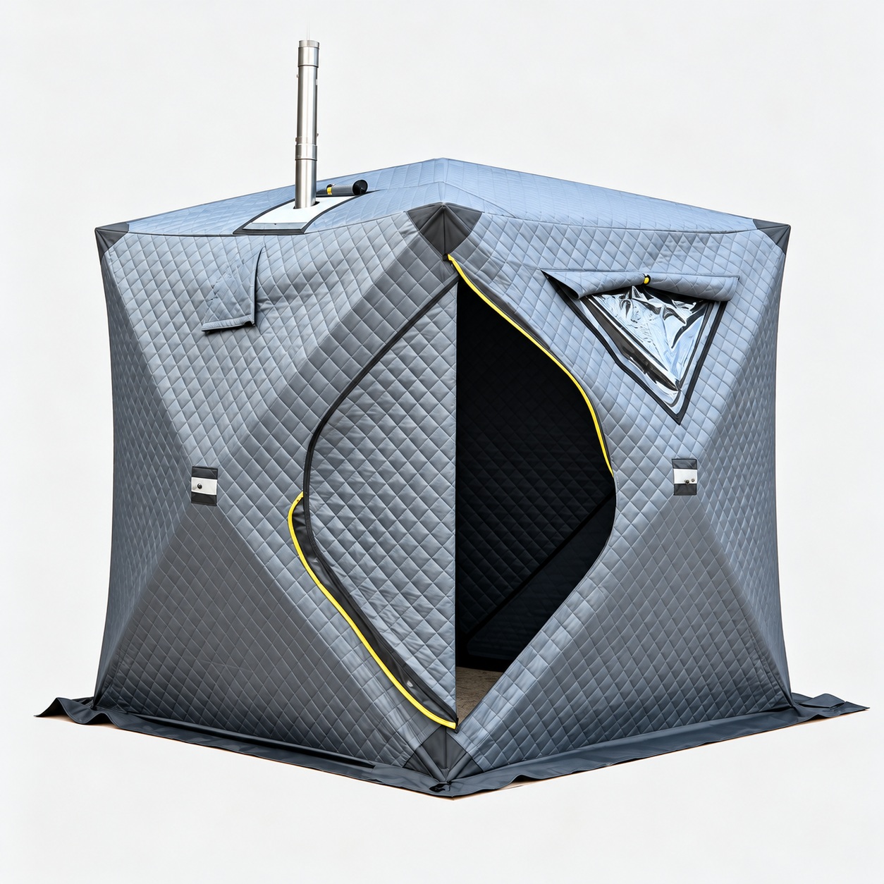 Gray quilted shelter with an open curved doorway, folded window flap and roof flue opening.