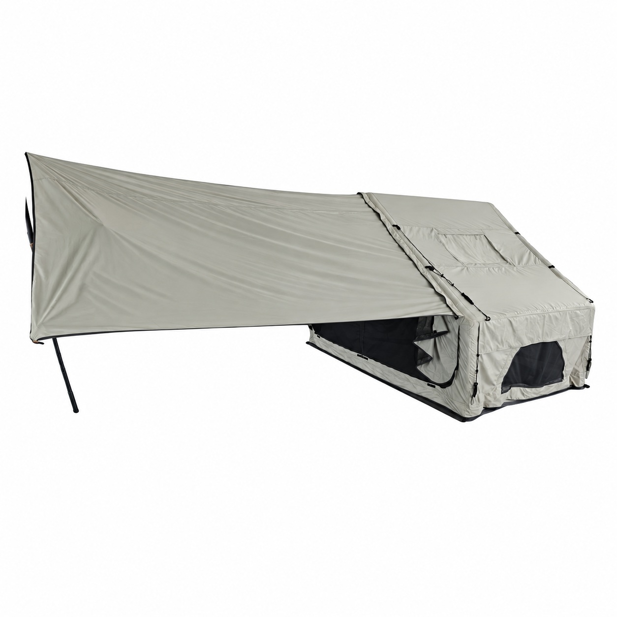 Khaki inflatable cabin tent with a long rectangular awning and dark mesh panels