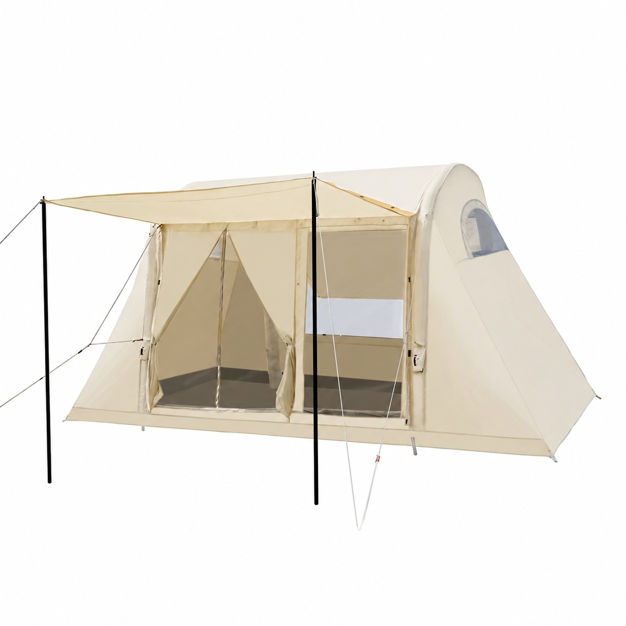 Light tunnel tent with an open side entry, raised awning and small arched end window