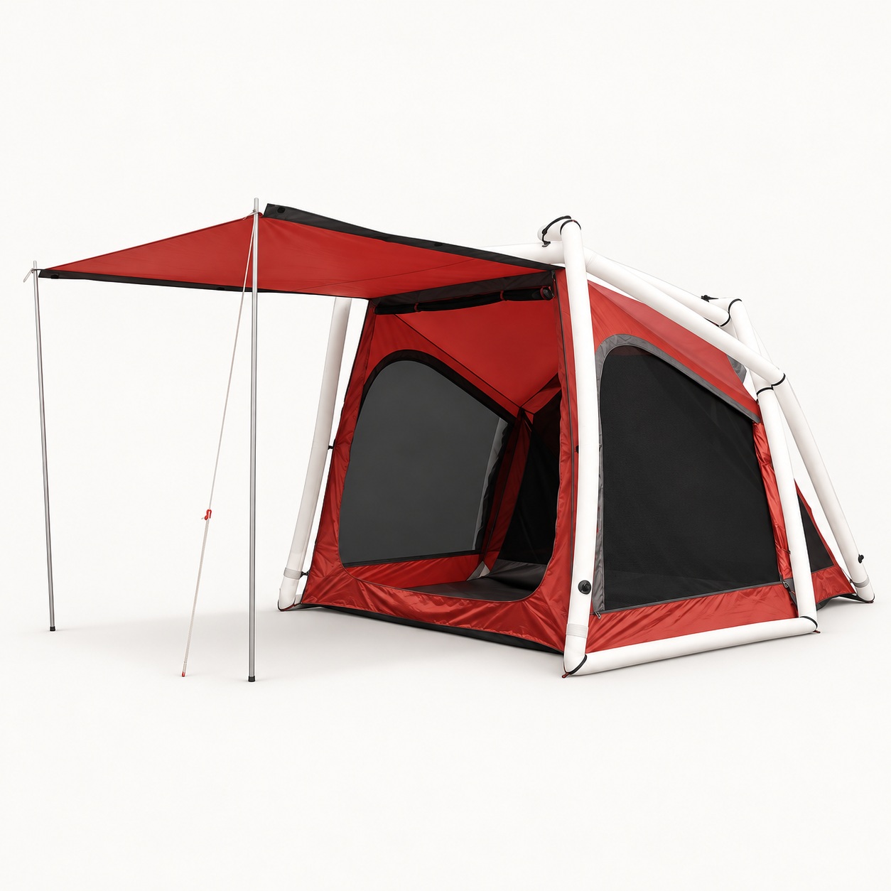 Red ground cabin tent with white external airbeams, large mesh openings and a raised front awning