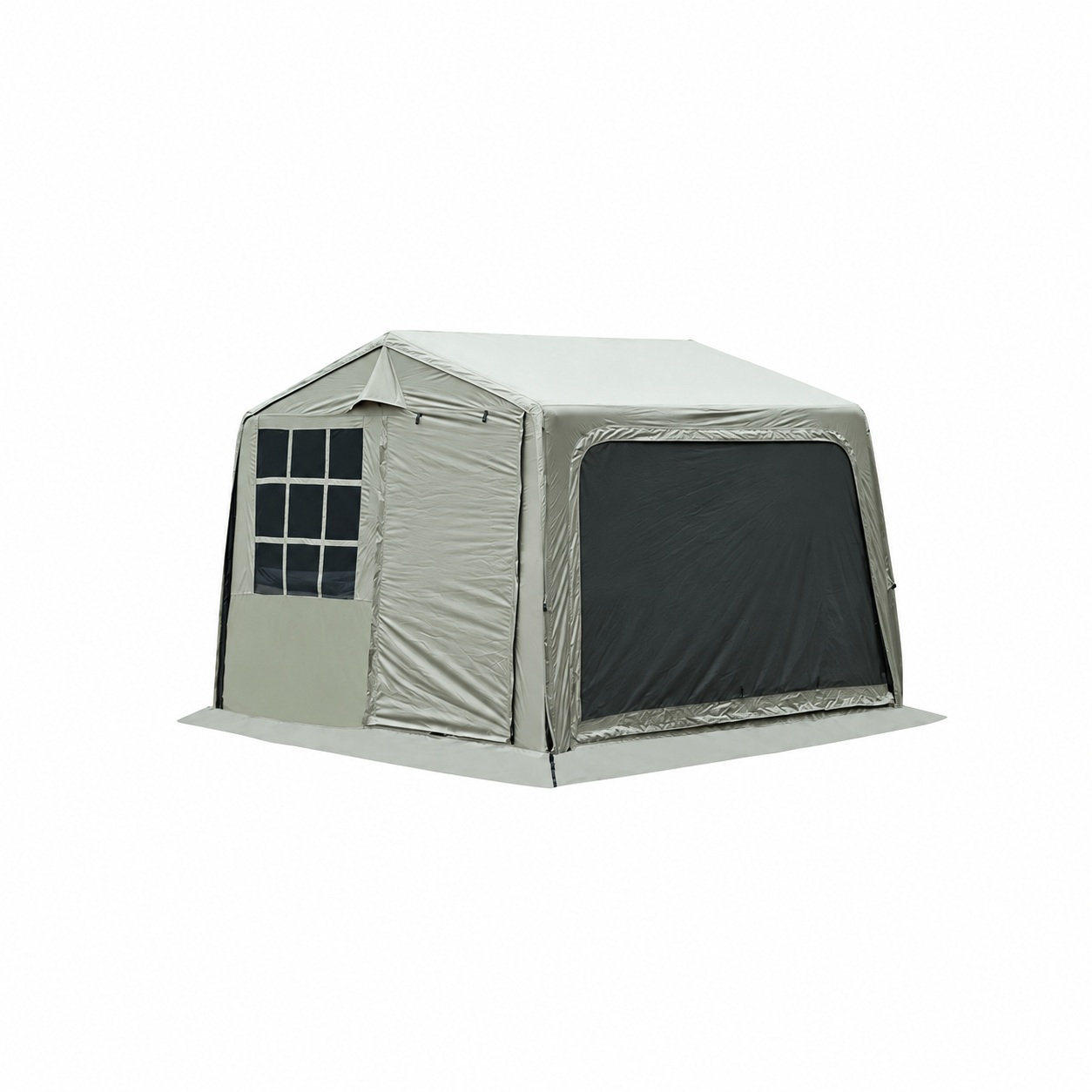 Gray inflatable gable cabin with a divided end window and large dark side opening