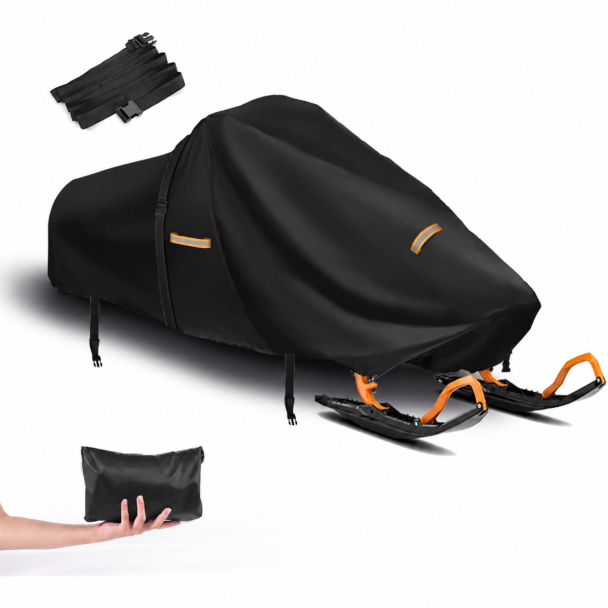 Black shaped snowmobile cover with orange vent details, hanging straps and exposed front skis.