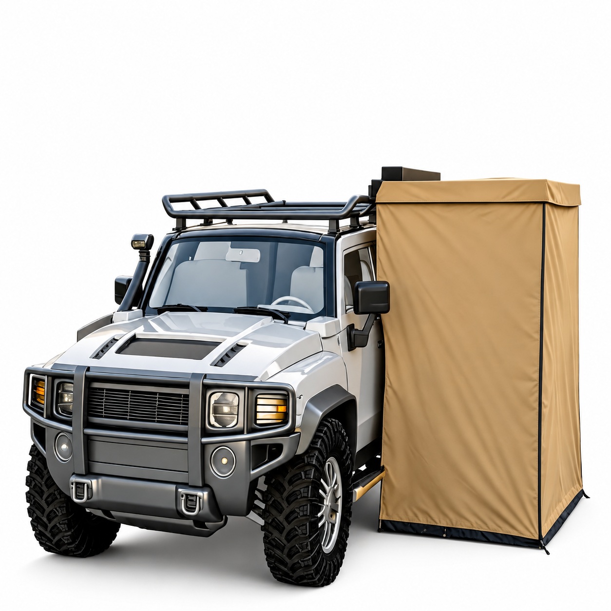 Tan hanging shower enclosure beside an off-road vehicle with a rigid storage case at the top