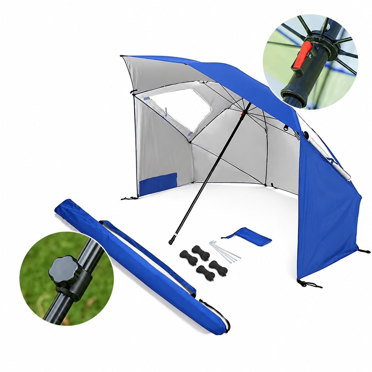 Blue and silver umbrella shelter with a tilted central pole, side panels and open front