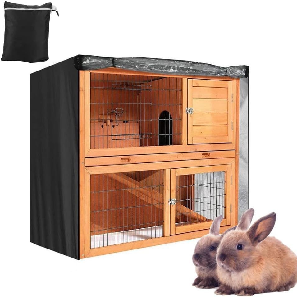 Black rabbit hutch cover with a clear front panel rolled above the wooden hutch.