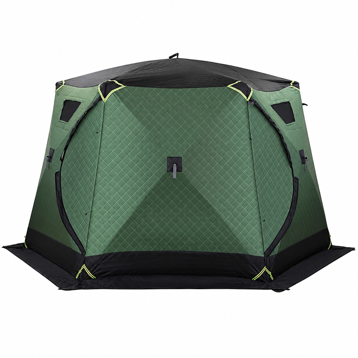 Green six-sided shelter with diamond-quilted panels, a black roof and black ground skirt.