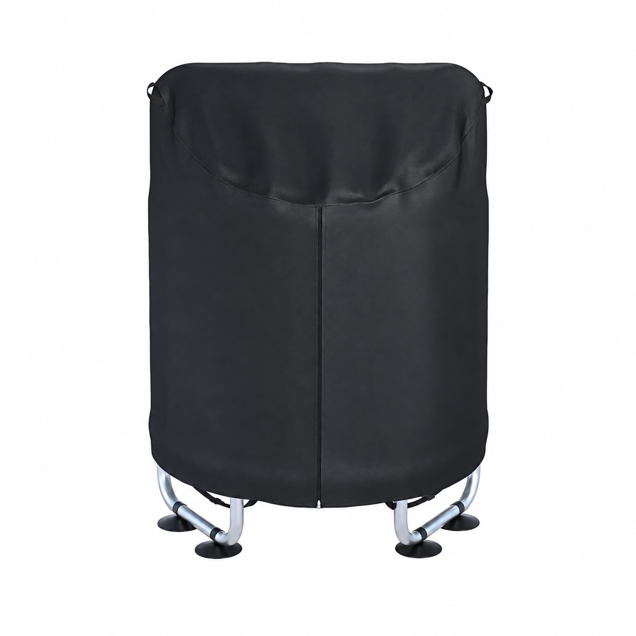 Black upright trampoline cover with a central zipper and silver frame feet visible below.