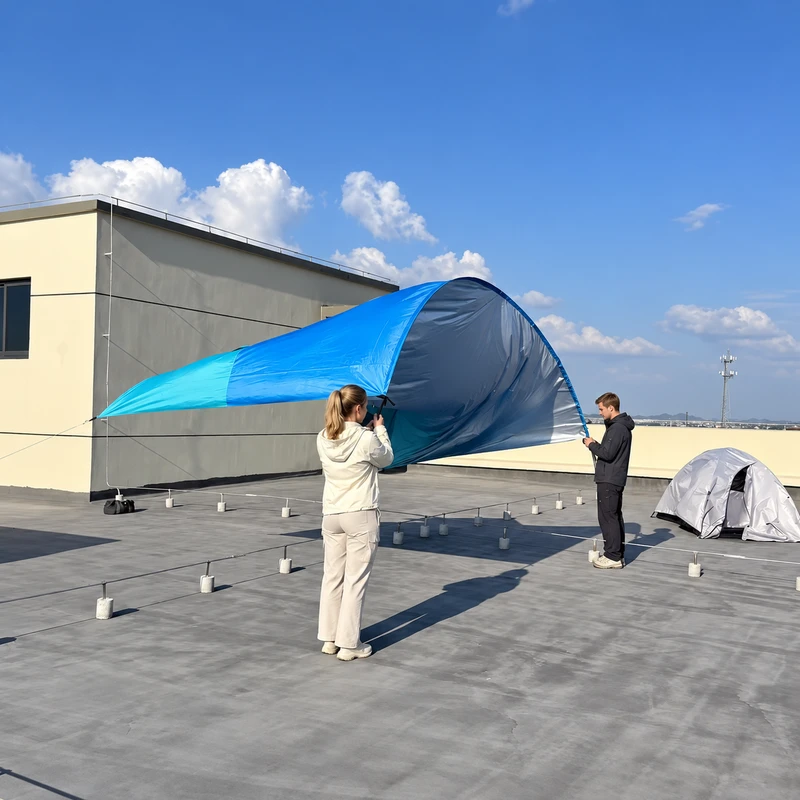 Two adult models holding the blue tarp during setup