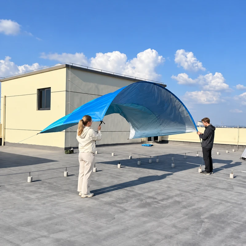 Adult models demonstrating the silver interior of the curved tarp