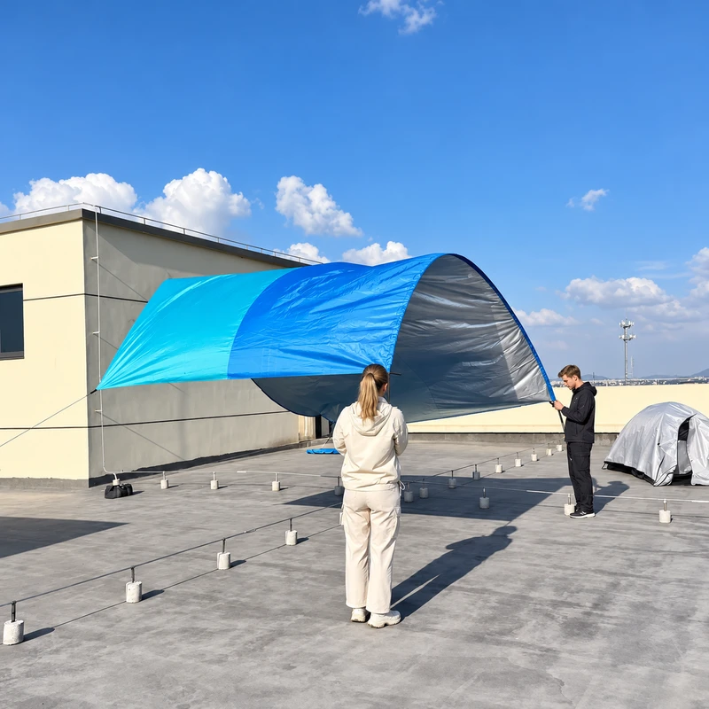 Blue camping tarp and curtain supported during a setup demonstration