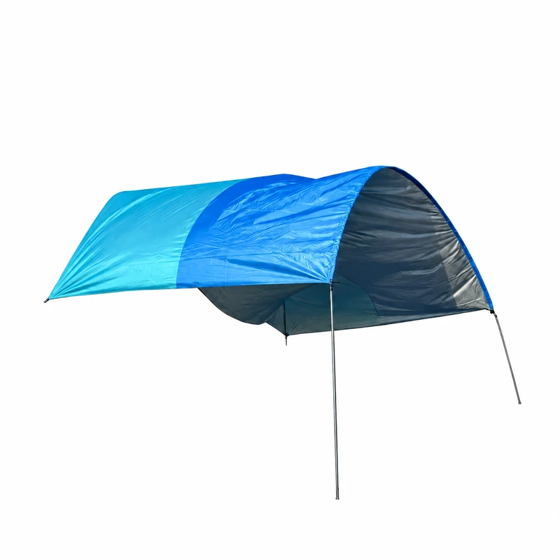 Blue and turquoise beach tarp with silver interior on a white background