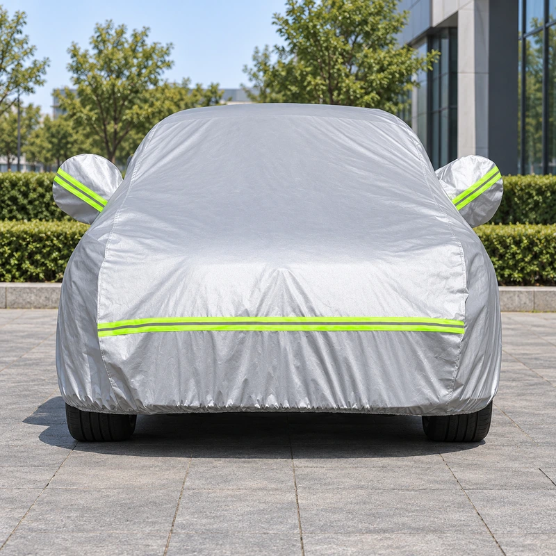 Front view of a silver vehicle cover with green strips and mirror pockets