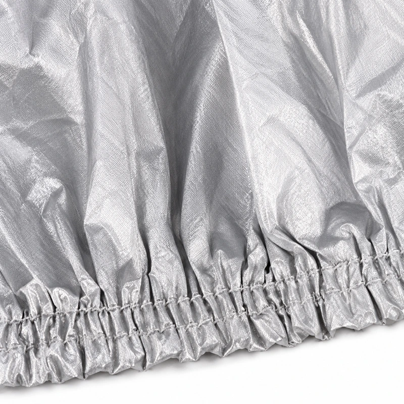 Silver vehicle cover elastic hem and gathered stitching detail