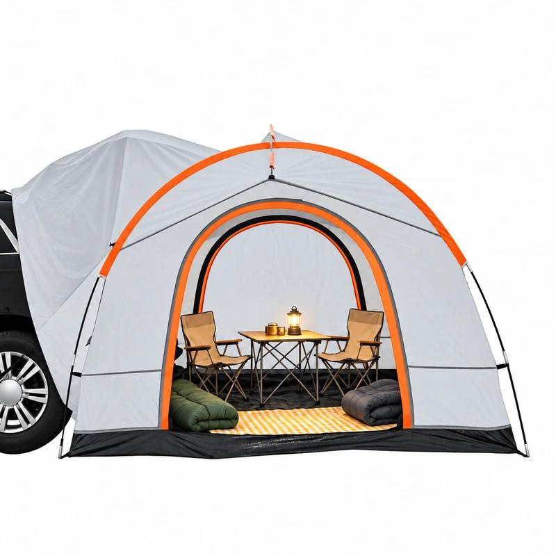 White-background view of a white SUV tailgate tent with orange pole sleeves