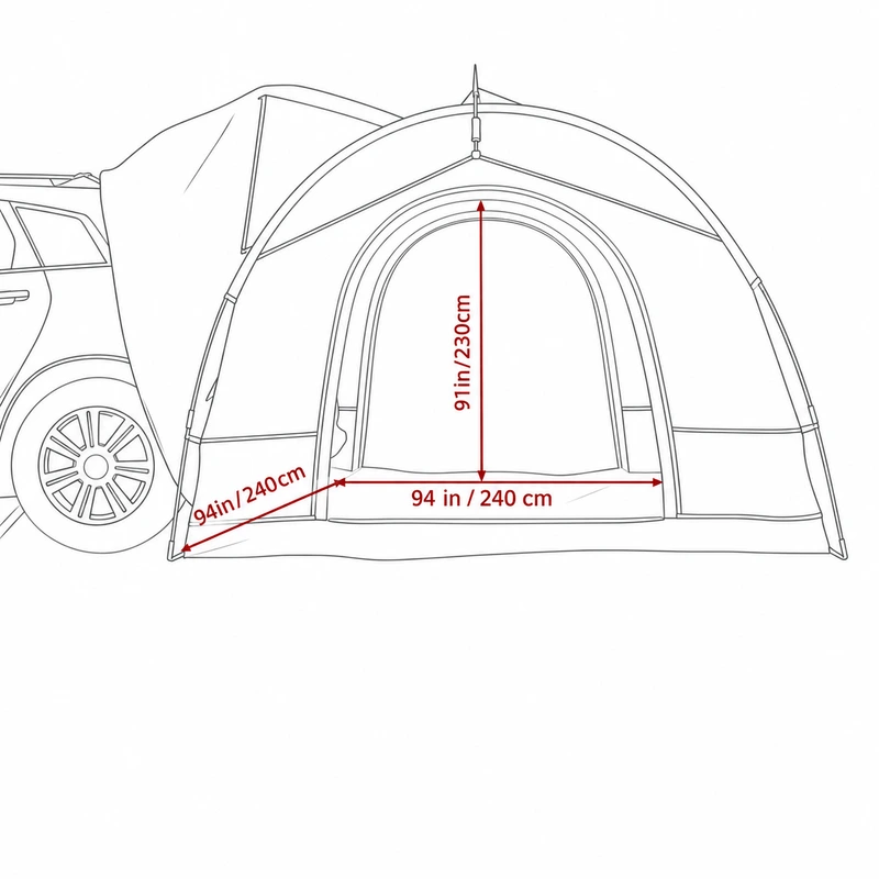 SUV tailgate tent reference drawing with 240 cm width, 240 cm depth and 230 cm height