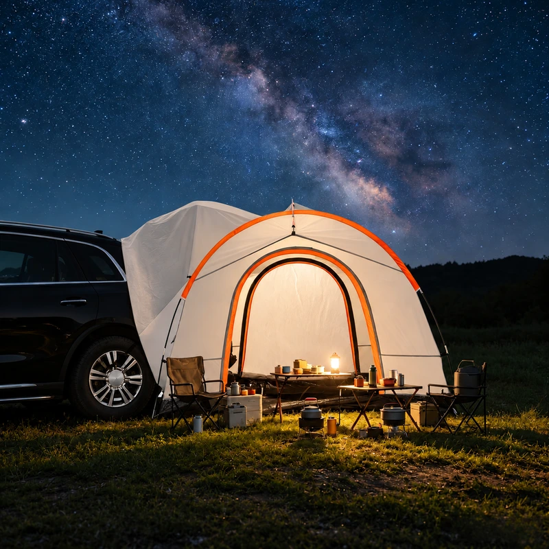 White and orange tailgate tent illuminated at a night campsite