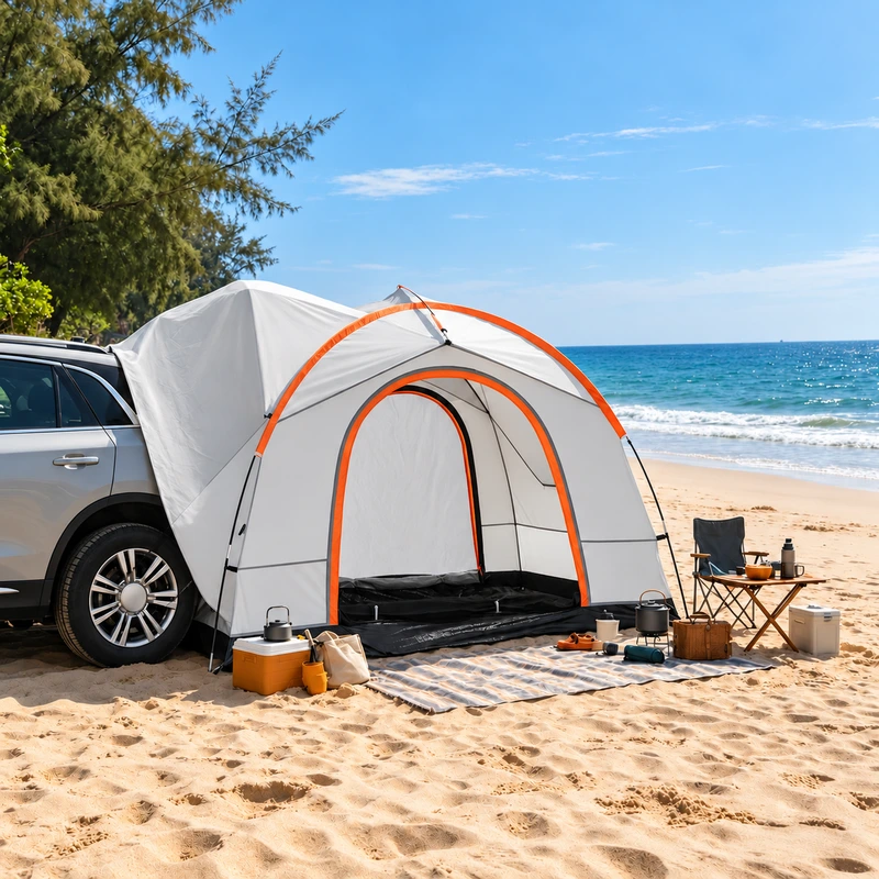 White and orange SUV tailgate tent at a beach campsite