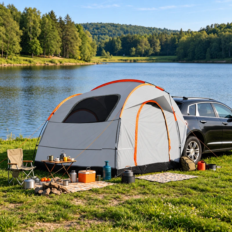 Side and rear view of the tailgate tent showing the mesh window and vehicle connection